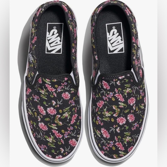 Vans Shoes - Vans Slip-On Floral Canvas Sneakers - Black with Pink Floral NWOT